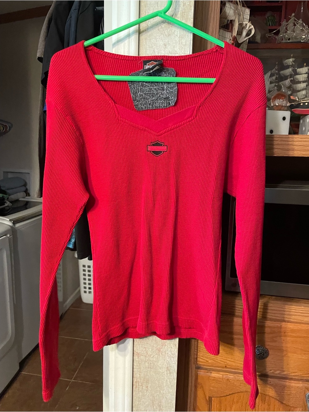 Harley-Davidson Women's Bright Red Ribbed V-Neck Long Sleeve Top
